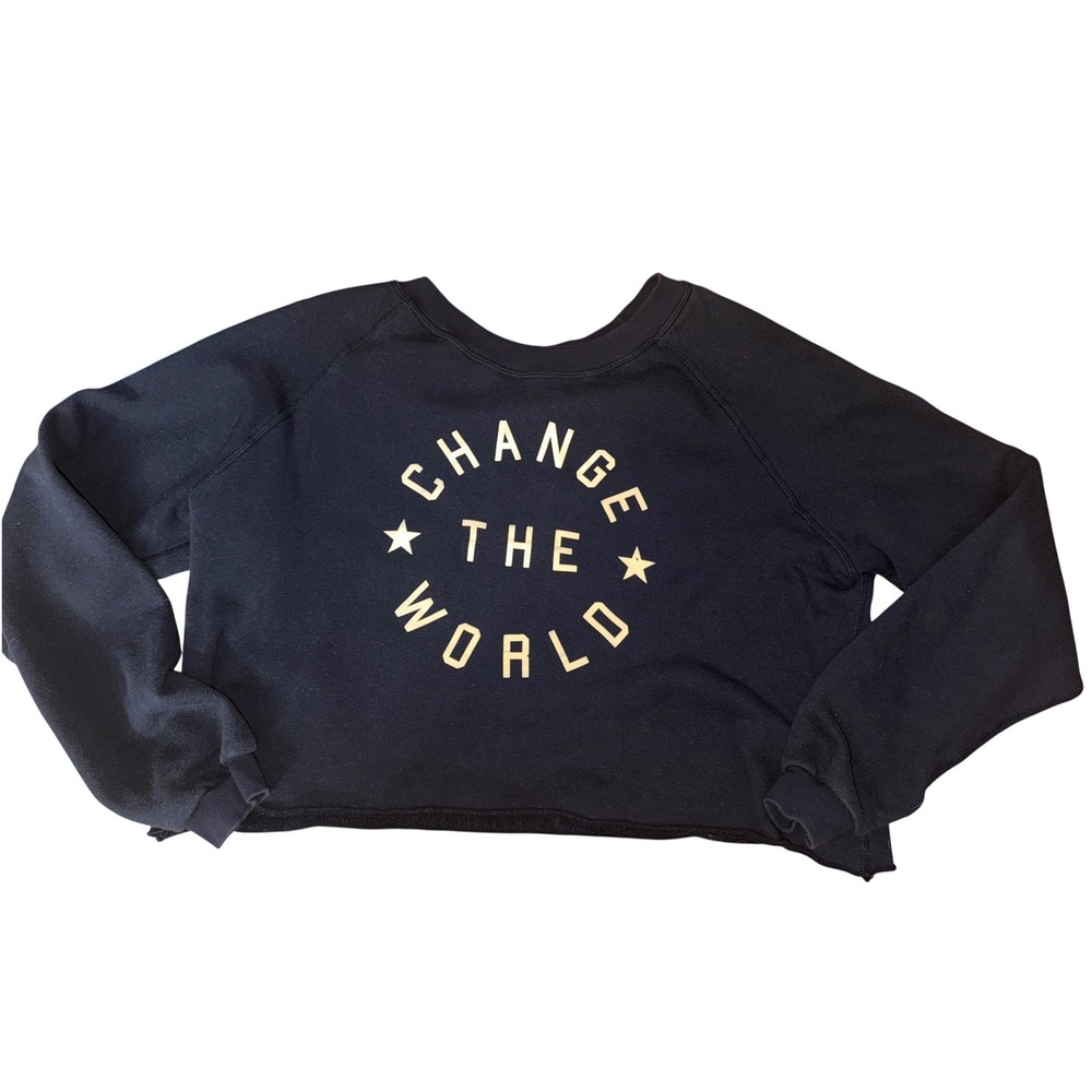 CHRLDR Change The World Black Cropped Sweatshirt Graphic‎ Raw Hem Womens Medium